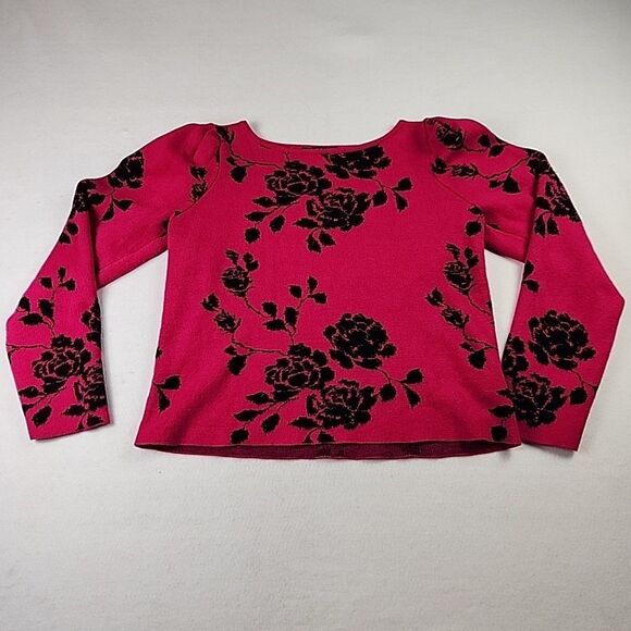 Zac & Rachel Sweaters - Zac & Rachel Womens Large Long Sleeve Dark Pink Floral Crop Sweater Sleeve Roses